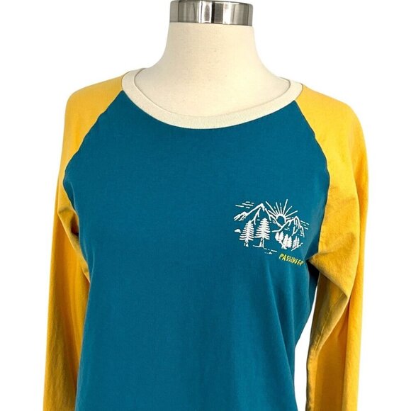 Passenger Riser Recycled Long Sleeve T-Shirt Blue Yellow Size M Raglan Sleeve - Picture 2 of 15
